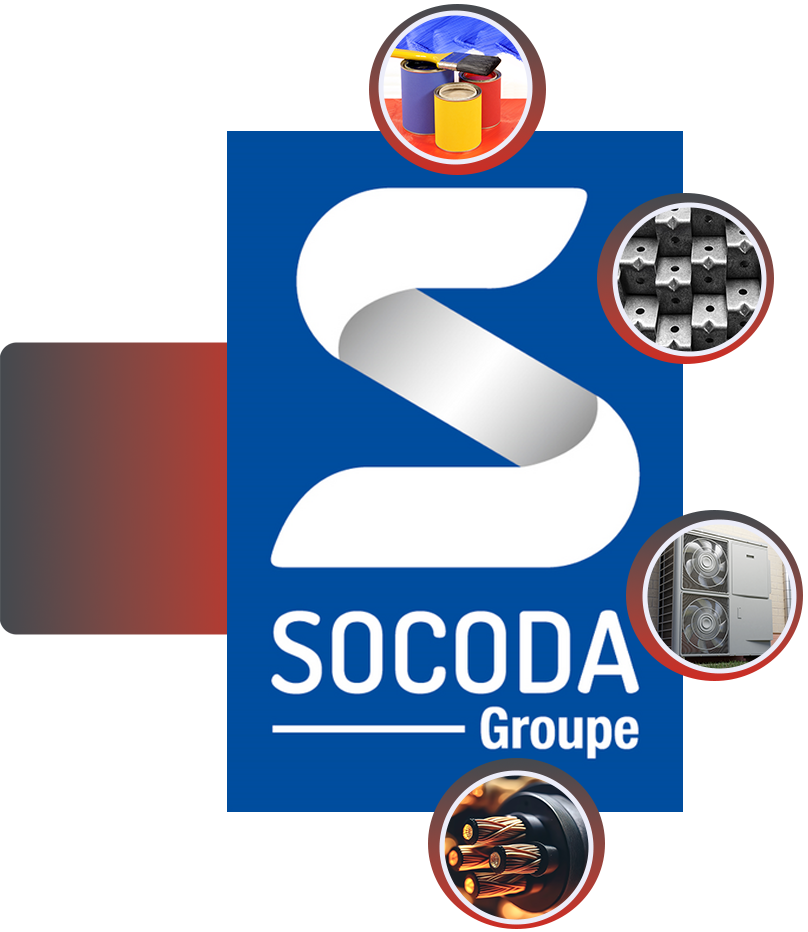 montage photo avec le logo du groupe SOCODA accompagné des grandes expertises produits